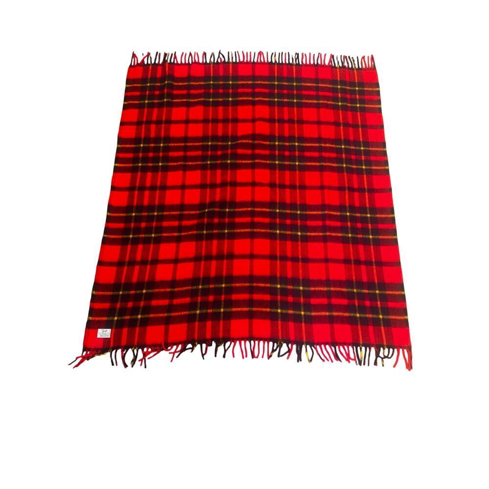 Vintage Faribault Red Plaid Throw Blanket Fringe Cabincore Lodge 51x62 USA - Picture 2 of 4